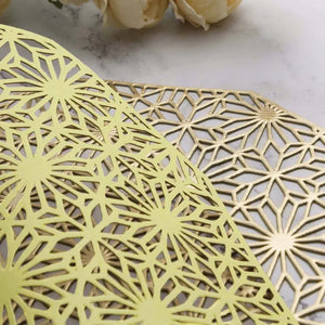 2/4/6 Evevda Rose Gold Placemats for Dining Table 6 Metallic Pressed Hollowed Out Table Mats Wipeable Vinyl Place Mat for Holiday Wedding Dinner Table Decoration Mat