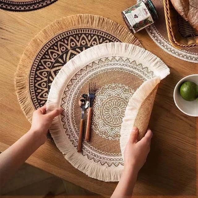 Round Placemat Table Non-Slip Jute Mats for Dining Table Decoration Accessories Kitchen Placemats Coffee Coasters Party Dinner 15x15 inh