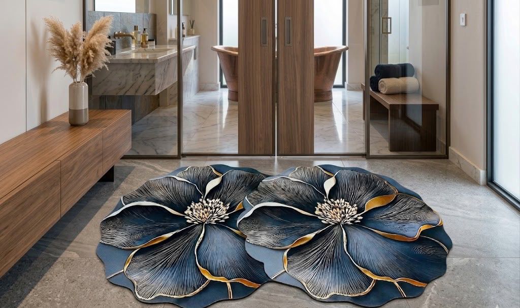 1pc Gold Floral Pattern Bath Mat, Bathroom Rug, Door Mat, Small Rug, Carpet, Floor Mat, Home Decor, Area Rug, Outdoor Mat, Bedroom Carpet, Washable Rug HZ BEDDING