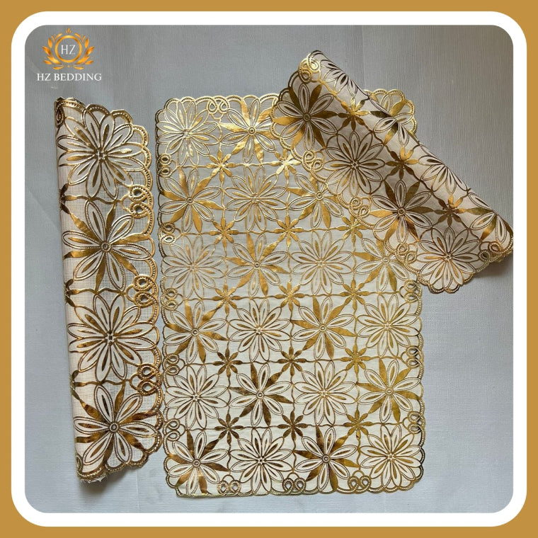 3pcs center table dressing table and side Table Mat Golden Large pcs size(15×36) And small 2pcs size(12×18) Inches material vinyl soft plastic Premium Golden