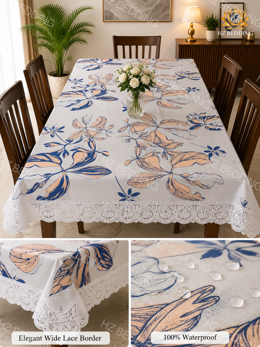 4/6/8 Seater Waterproof Table Cover with Elegant Lace Border New Design A HZ BEDDING