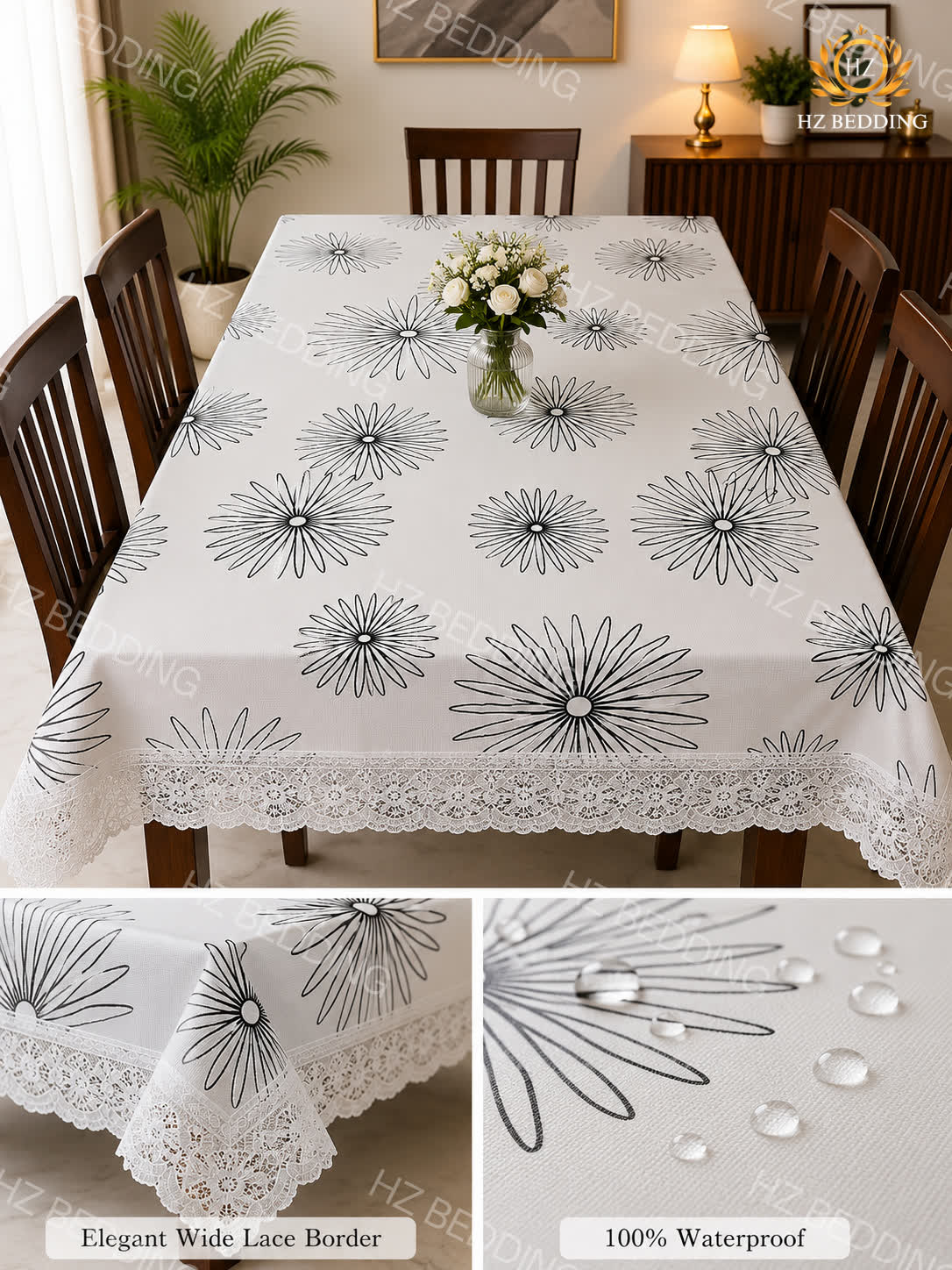 4/6/8 Seater Waterproof Table Cover with Elegant Lace Border New Design B HZ BEDDING
