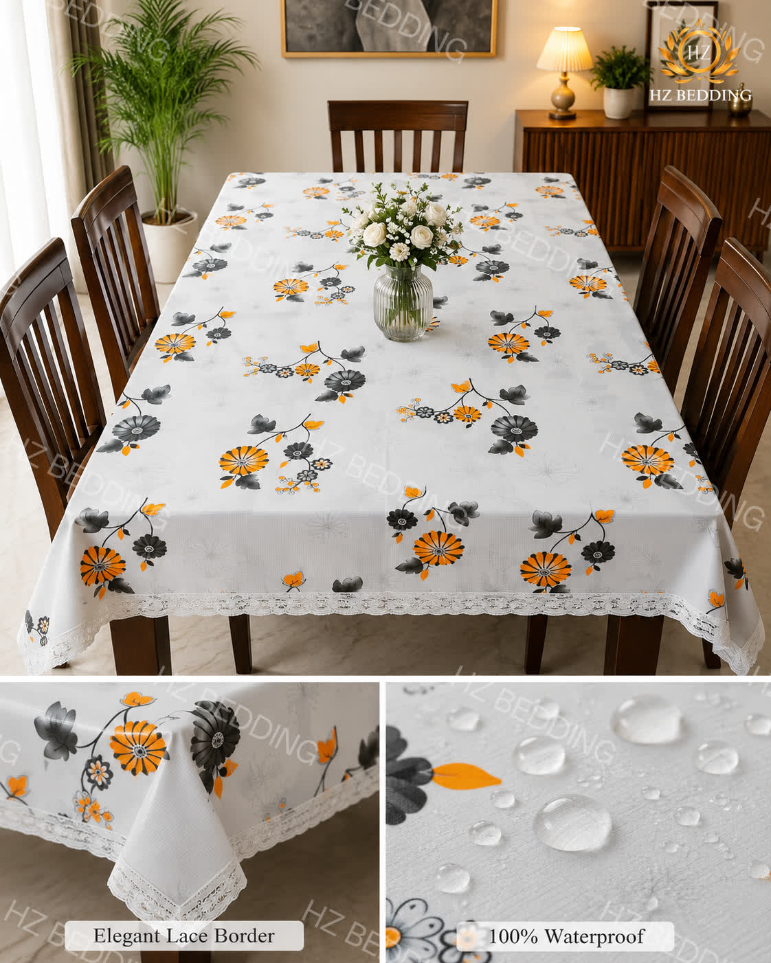 4/6/8 Seater Waterproof Table Cover with Elegant Lace Border New Design C HZ BEDDING