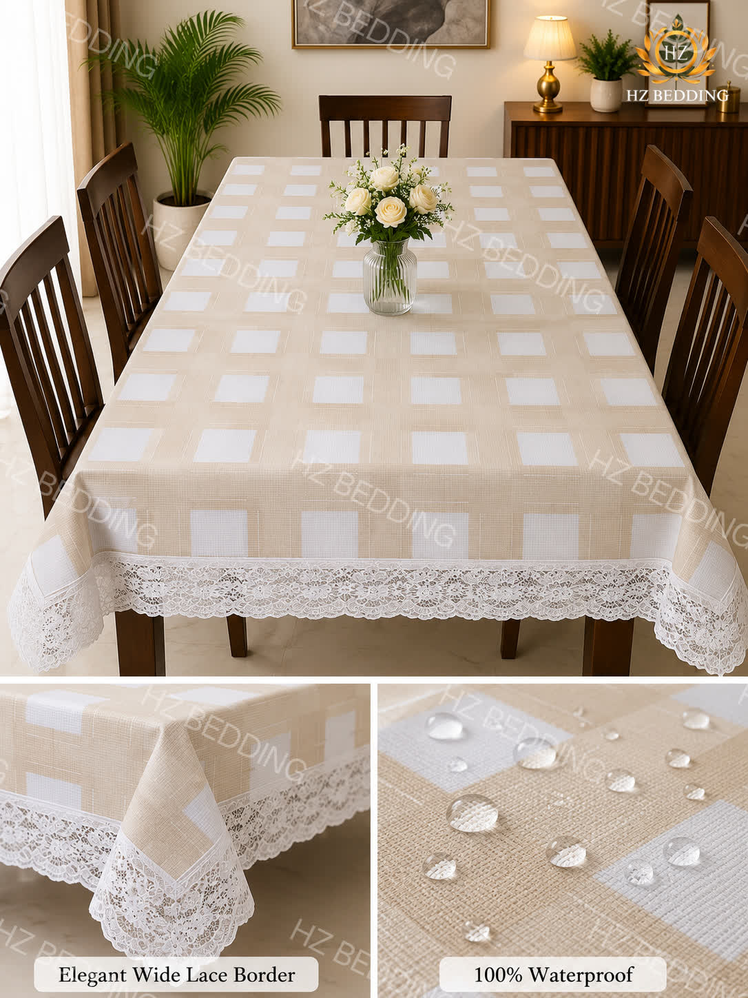 4/6/8 Seater Waterproof Table Cover with Elegant Lace Border New Design D HZ BEDDING