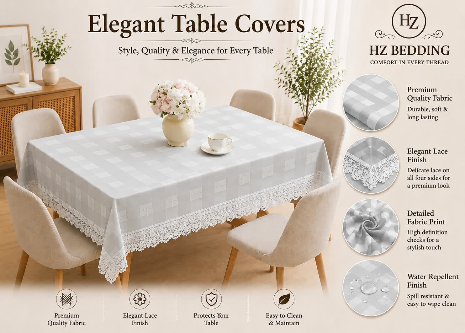4/6/8 Seater Waterproof Table Cover with Elegant Lace Border New Design E HZ BEDDING