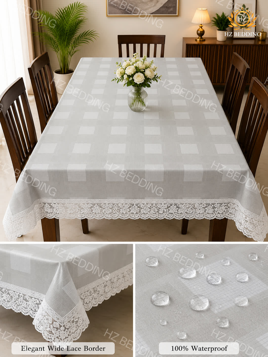 4/6/8 Seater Waterproof Table Cover with Elegant Lace Border New Design E HZ BEDDING