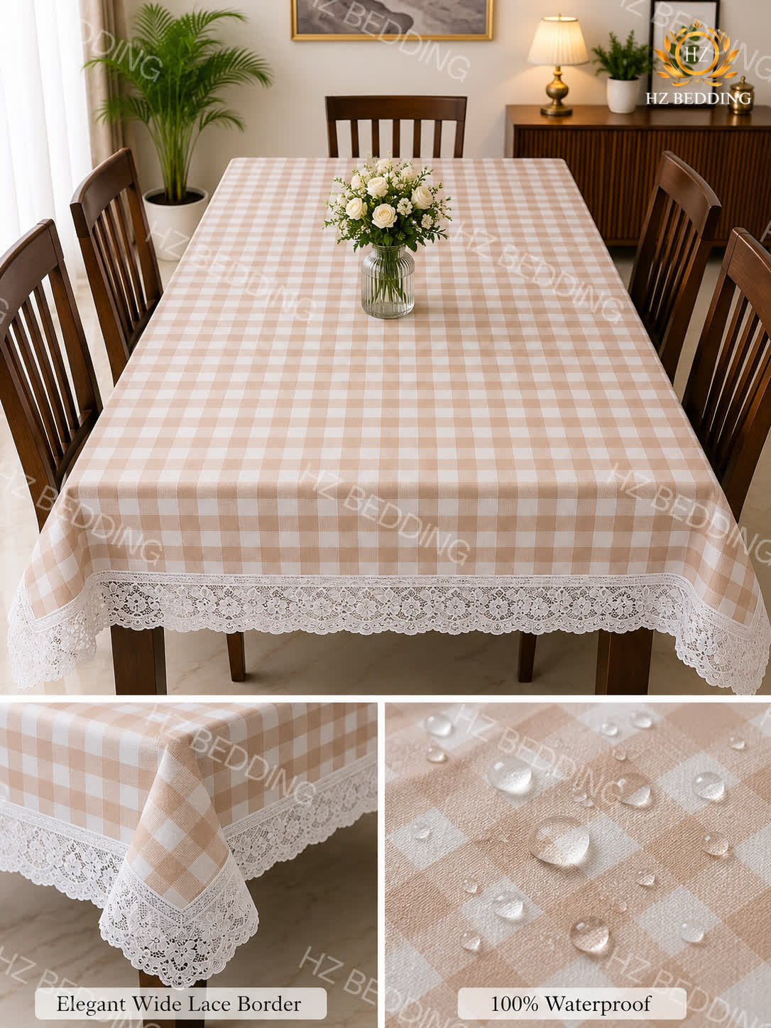 4/6/8 Seater Waterproof Table Cover with Elegant Lace Border New Design G HZ BEDDING