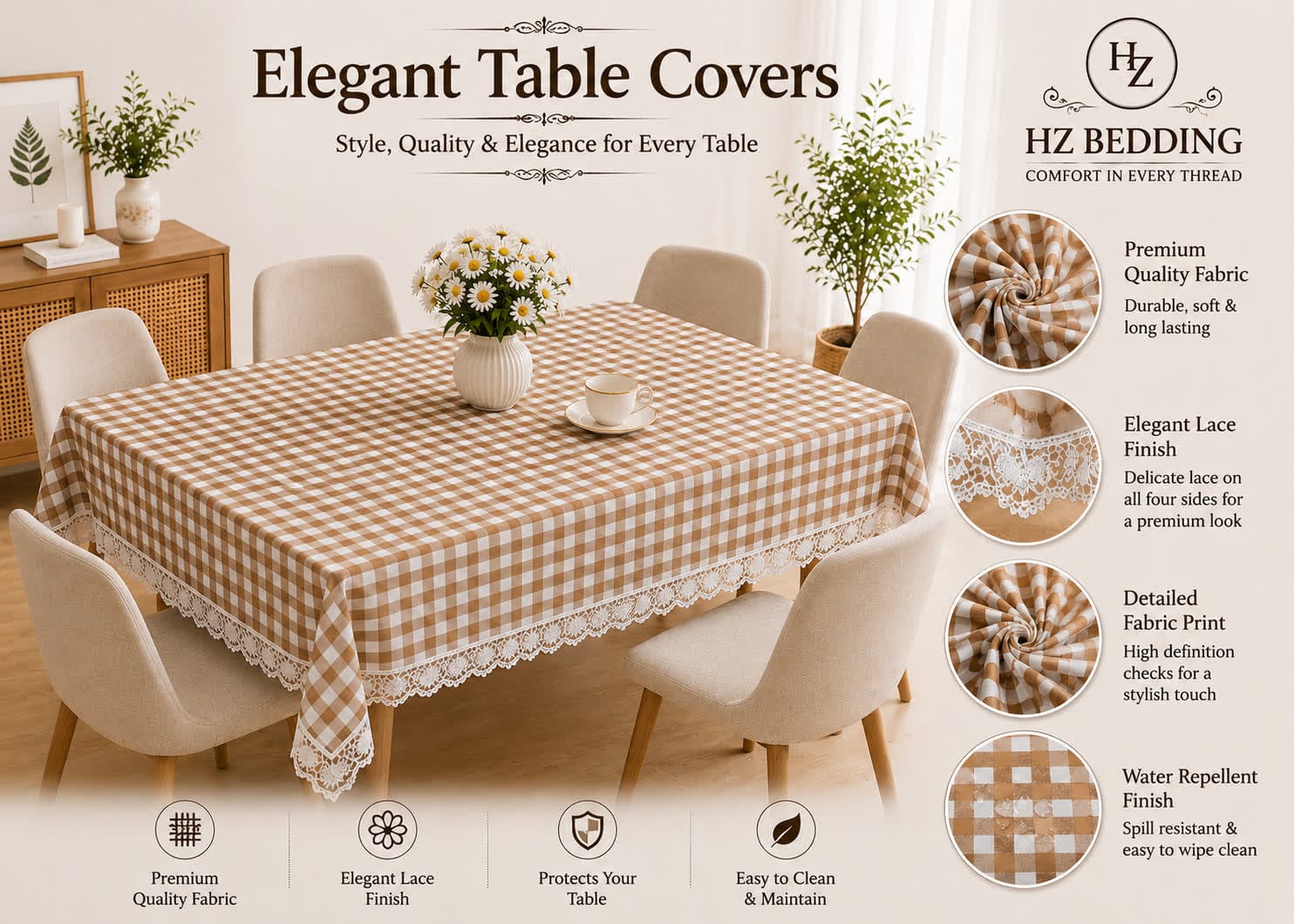 4/6/8 Seater Waterproof Table Cover with Elegant Lace Border New Design G HZ BEDDING