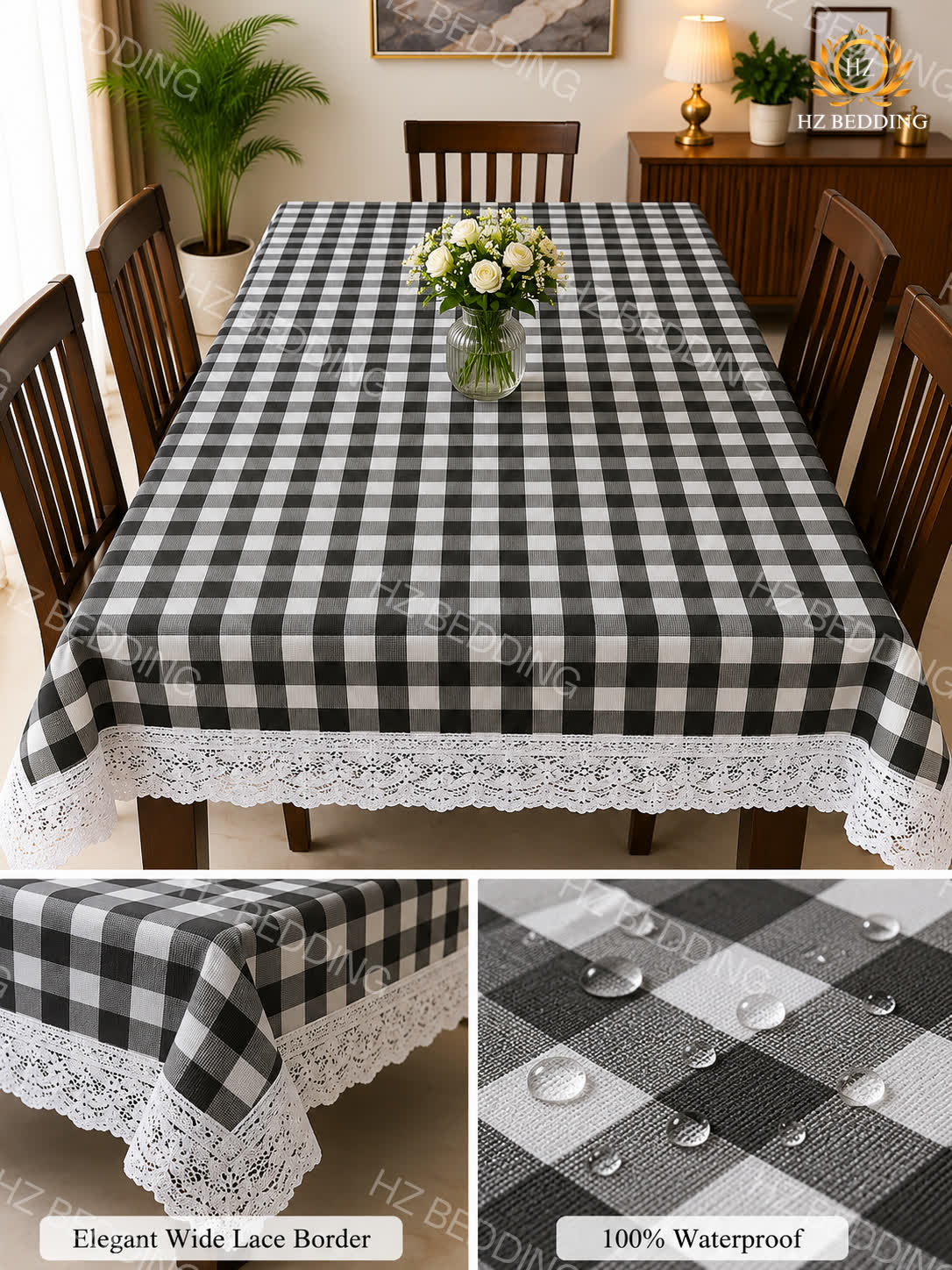 4/6/8 Seater Waterproof Table Cover with Elegant Lace Border New Design I HZ BEDDING