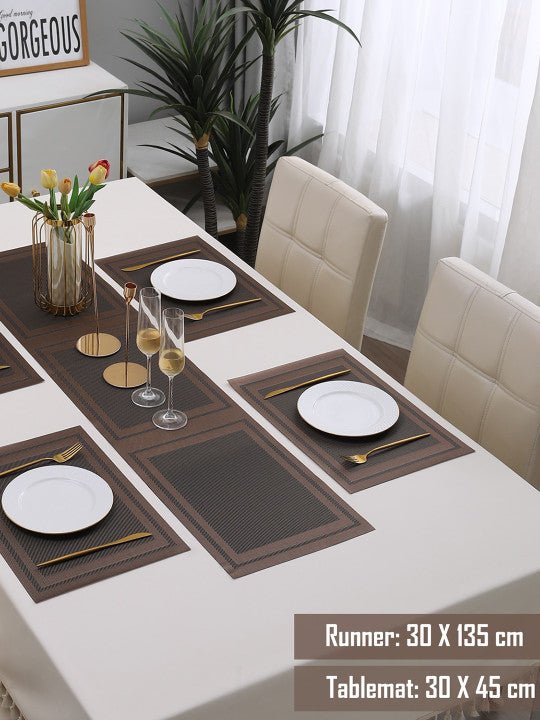 5 Pieces Brown A PVC Washable Placemats with Runner HZ BEDDING