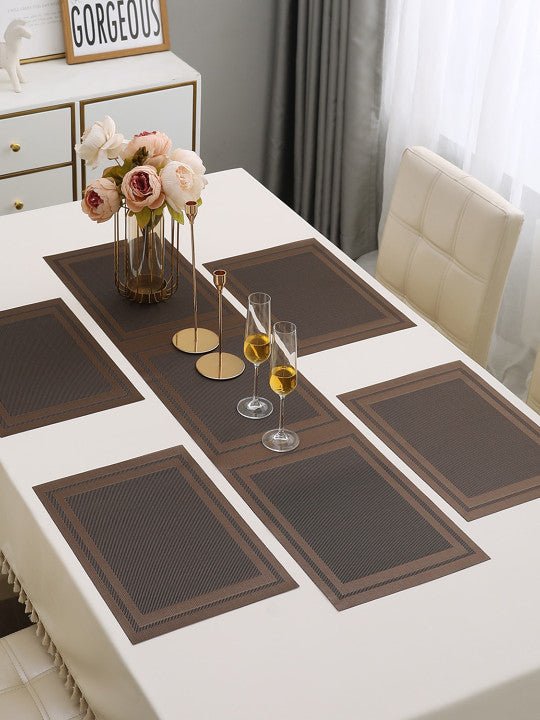 5 Pieces Brown A PVC Washable Placemats with Runner HZ BEDDING