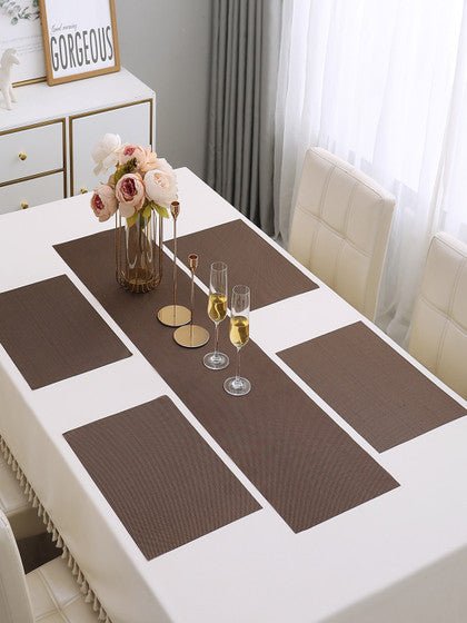 5 Pieces Brown A PVC Washable Placemats with Runner HZ BEDDING