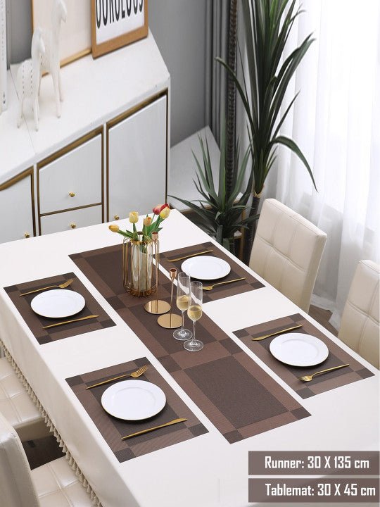 5 Pieces Brown PVC Washable Placemats with Runner HZ BEDDING