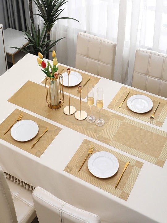 5 Pieces Golden PVC Washable Placemats with Runner HZ BEDDING