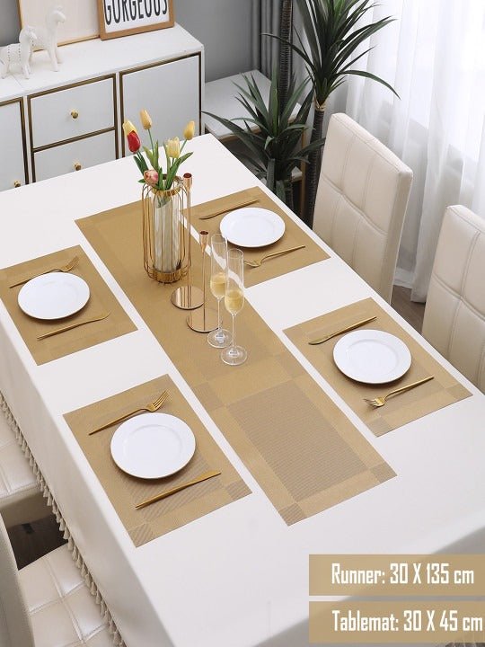 5 Pieces Golden PVC Washable Placemats with Runner HZ BEDDING
