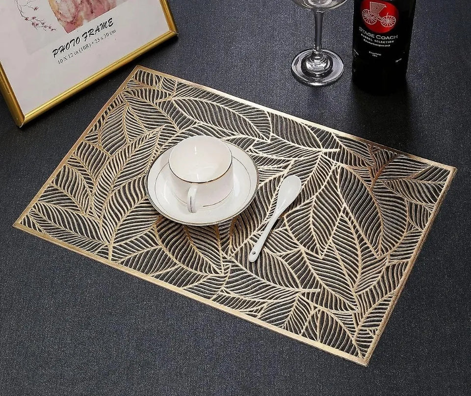 2Pcs / 4Pcs / 6 Pcs Rectangle Leaf Gold Floral Vinyl Placemats Non Slip Dining Table Placemats