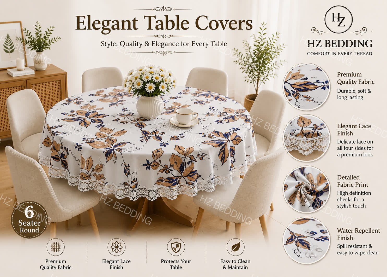 6 Seater Round Waterproof Table Cover with Elegant Lace Border HZ BEDDING