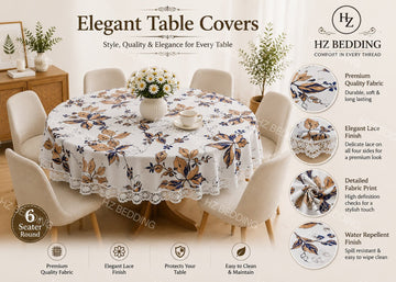 6 Seater Round Waterproof Table Cover with Elegant Lace Border HZ BEDDING