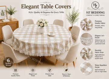 6 Seater Round Waterproof Table Cover with Elegant Lace Border HZ BEDDING