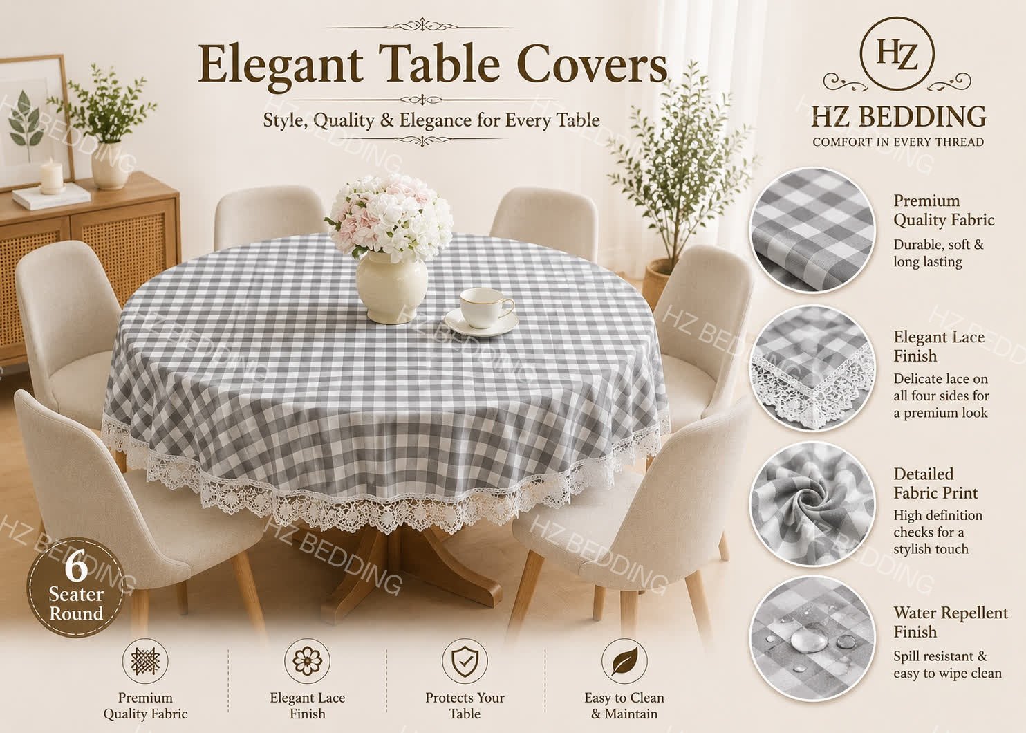 6 Seater Round Waterproof Table Cover with Elegant Lace Border New Design C HZ BEDDING