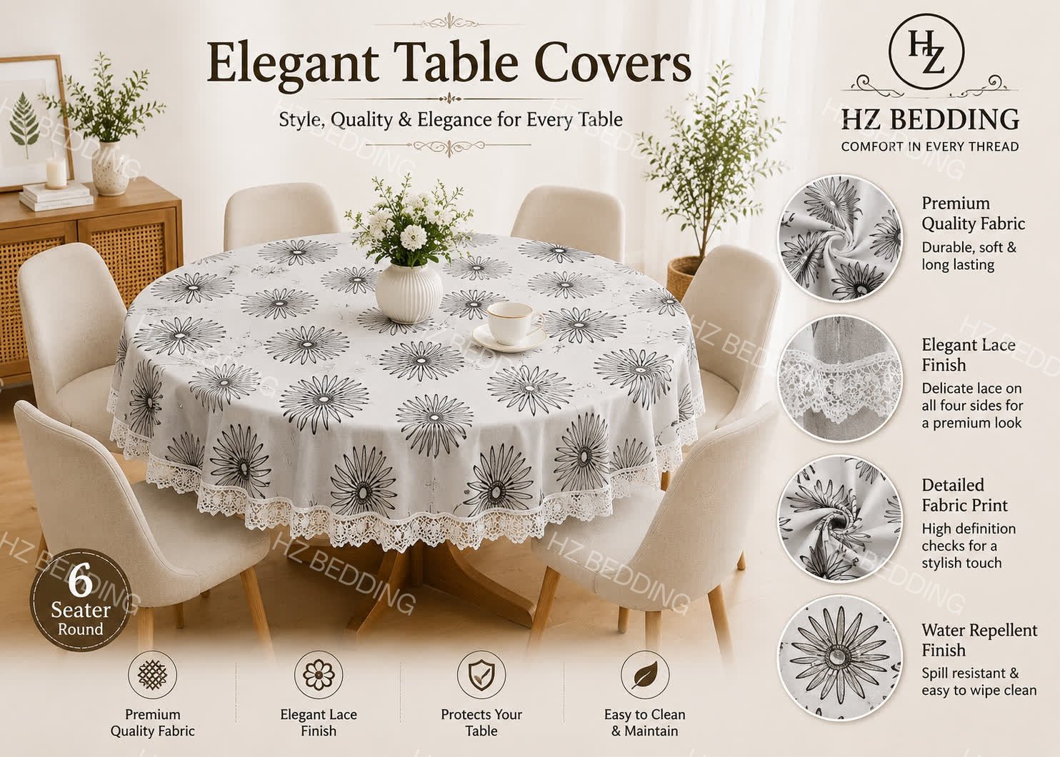 6 Seater Round Waterproof Table Cover with Elegant Lace Border New Design D HZ BEDDING