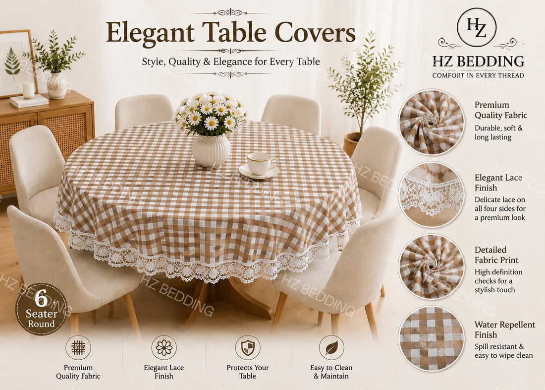6 Seater Round Waterproof Table Cover with Elegant Lace Border New Design E HZ BEDDING