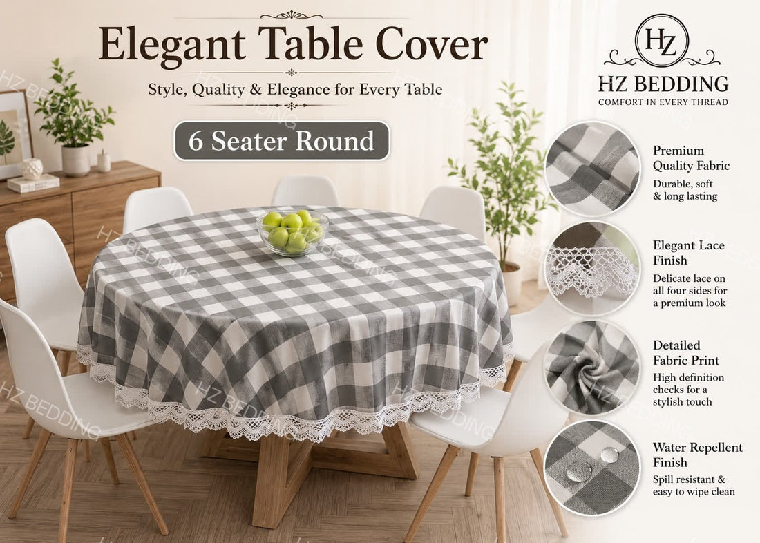 6 Seater Round Waterproof Table Cover with Elegant Lace Border New Design I HZ BEDDING