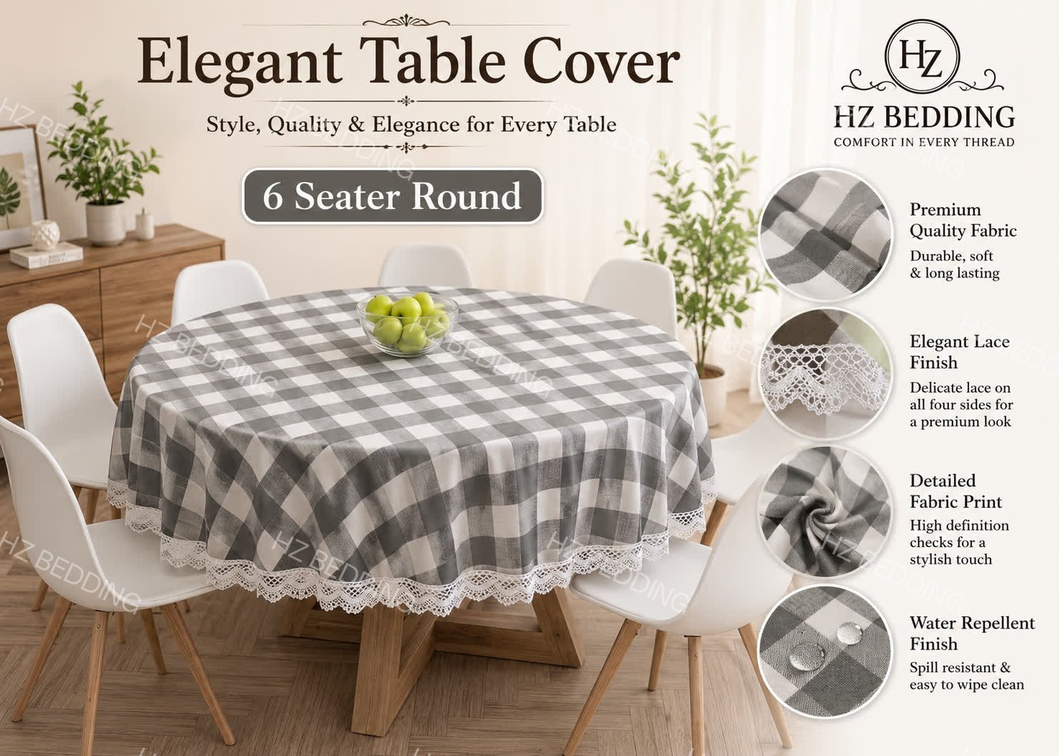 6 Seater Round Waterproof Table Cover with Elegant Lace Border New Design I HZ BEDDING
