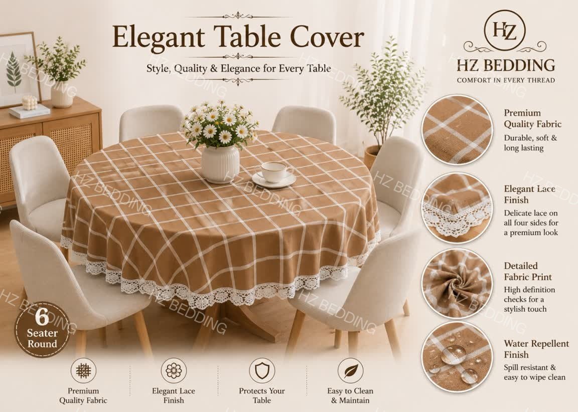 6 Seater Round Waterproof Table Cover with Elegant Lace Border New Design J HZ BEDDING