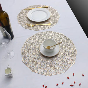 2/4/6 Evevda Rose Gold Placemats for Dining Table 6 Metallic Pressed Hollowed Out Table Mats Wipeable Vinyl Place Mat for Holiday Wedding Dinner Table Decoration Mat