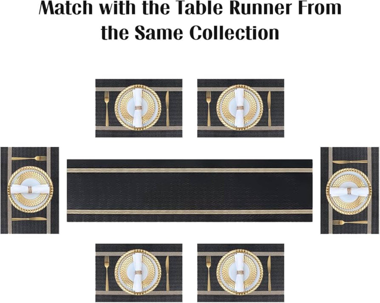 7 Pcs Dining Table Mat & Runner Set ( Black & Golden ) HZ BEDDING