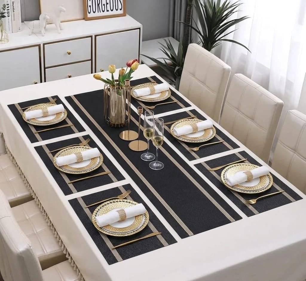 7 Pcs Dining Table Mat & Runner Set ( Black & Golden ) HZ BEDDING