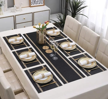 7 Pcs Dining Table Mat & Runner Set ( Black & Golden ) HZ BEDDING