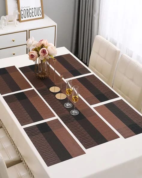 7 Pcs Dining Table Mat & Runner Set (Brown & Black) HZ BEDDING