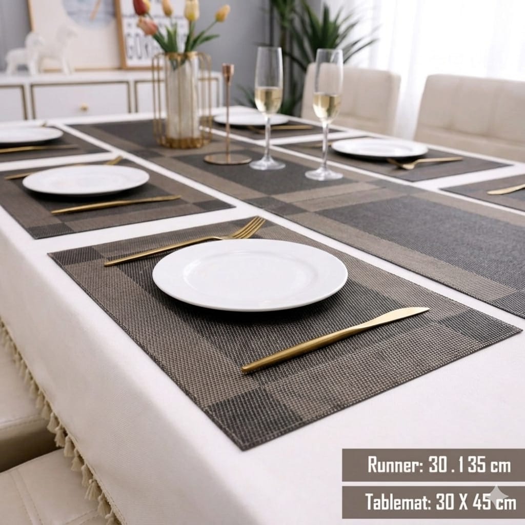 7 Pcs Dining Table Mat & Runner Set New ( Black & Golden ) HZ BEDDING