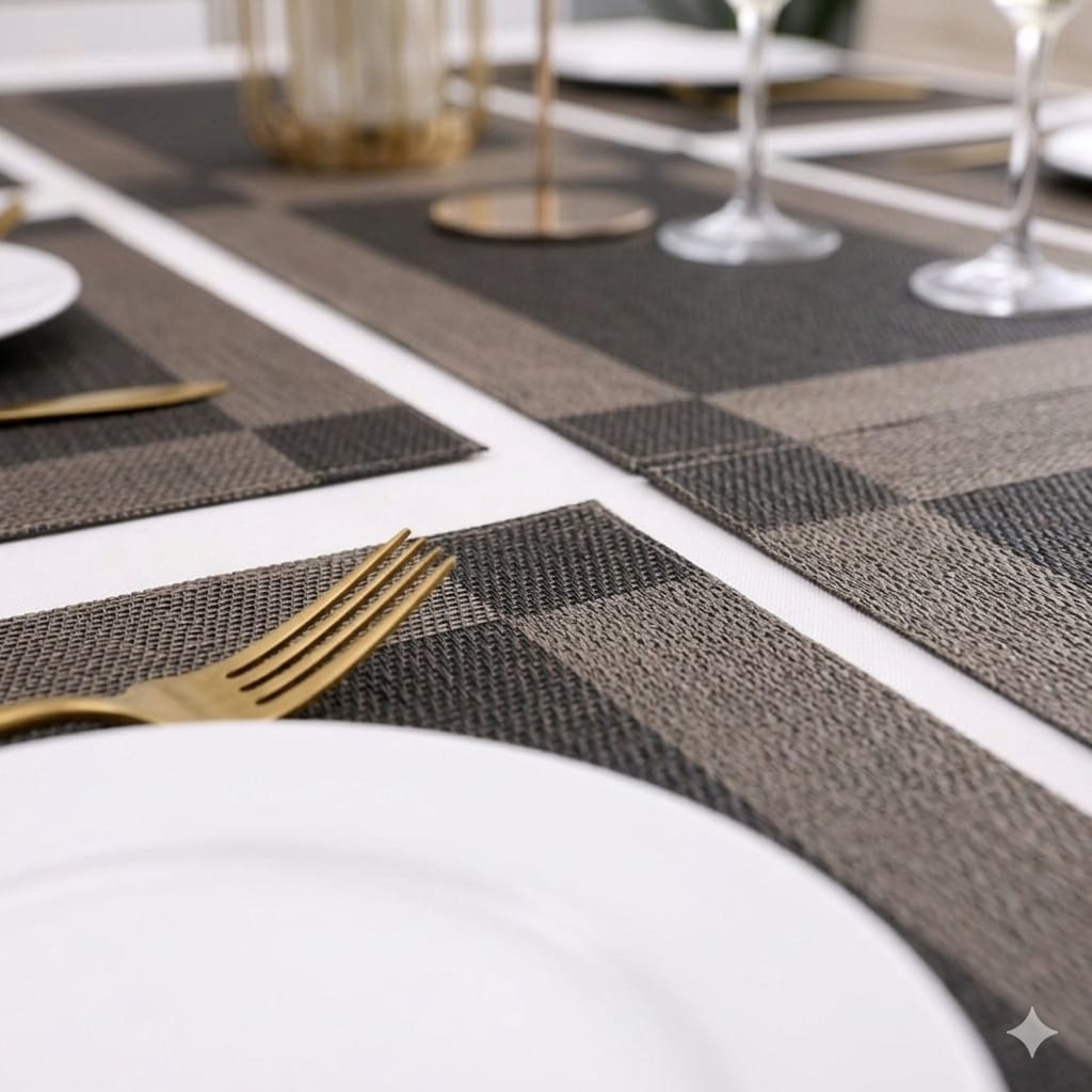 7 Pcs Dining Table Mat & Runner Set New ( Black & Golden ) HZ BEDDING