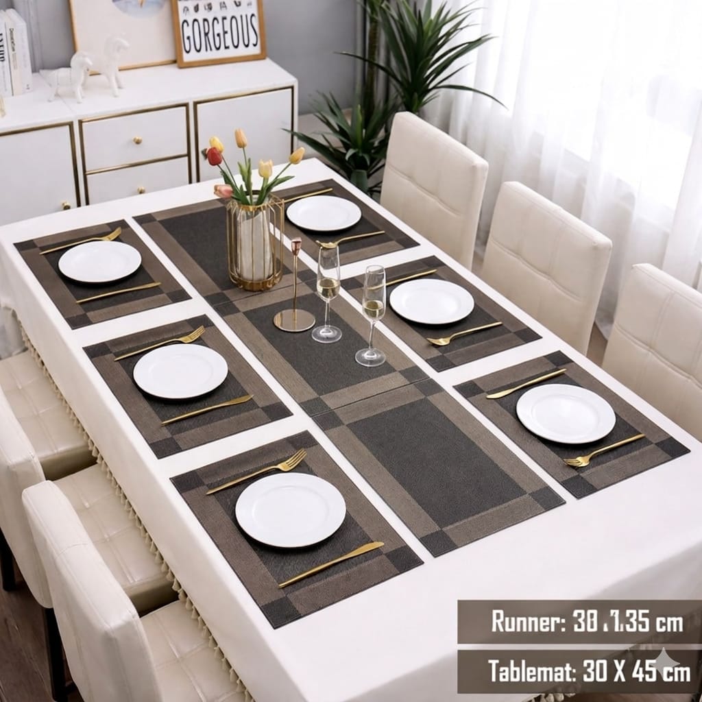 7 Pcs Dining Table Mat & Runner Set New ( Black & Golden ) HZ BEDDING