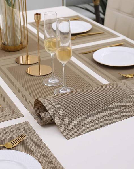 7 Pcs Dining Table Mat & Runner Set – Washable, Heat Resistant (Beige Boder) HZ BEDDING