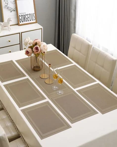 7 Pcs Dining Table Mat & Runner Set – Washable, Heat Resistant (Beige Boder) HZ BEDDING