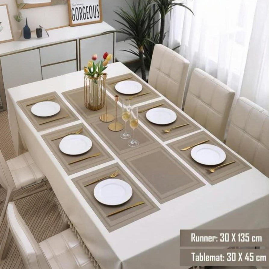 7 Pcs Dining Table Mat & Runner Set – Washable, Heat Resistant (Beige Boder) HZ BEDDING