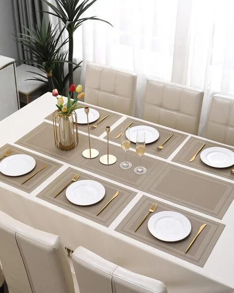 7 Pcs Dining Table Mat & Runner Set – Washable, Heat Resistant (Beige Boder) HZ BEDDING