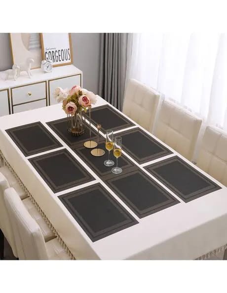 7 Pcs Dining Table Mat & Runner Set – Washable, Heat Resistant (Black & Golden) HZ BEDDING