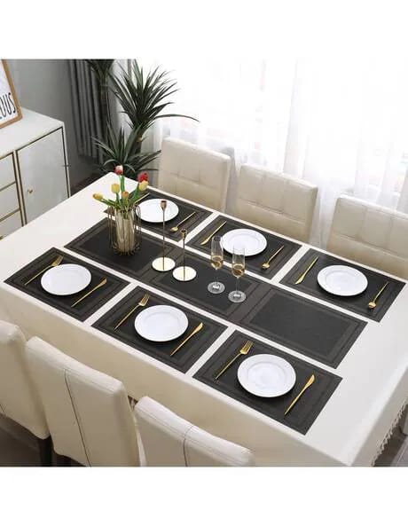 7 Pcs Dining Table Mat & Runner Set – Washable, Heat Resistant (Black & Golden) HZ BEDDING
