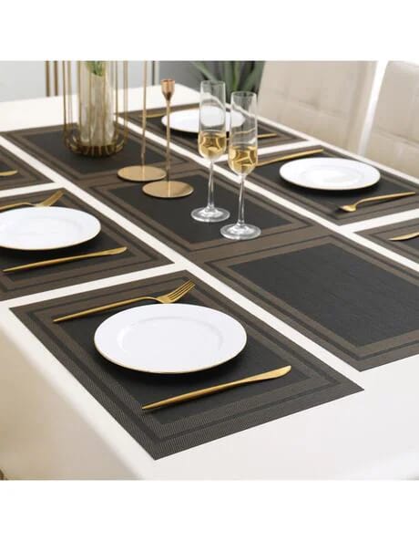 7 Pcs Dining Table Mat & Runner Set – Washable, Heat Resistant (Black & Golden) HZ BEDDING