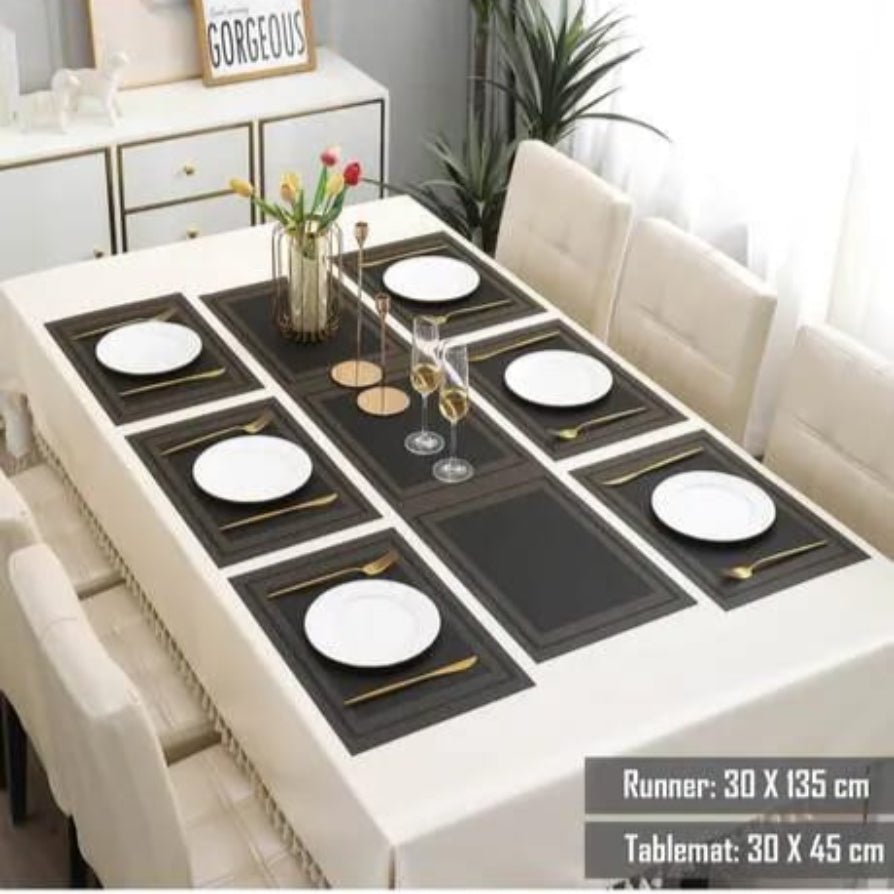 7 Pcs Dining Table Mat & Runner Set – Washable, Heat Resistant (Black & Golden) HZ BEDDING