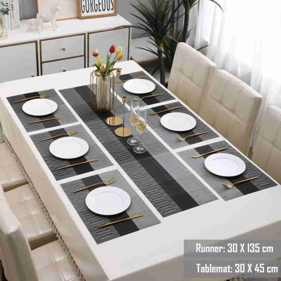 7 Pcs Dining Table Mat & Runner Set – Washable, Heat Resistant (Black & Grey) HZ BEDDING