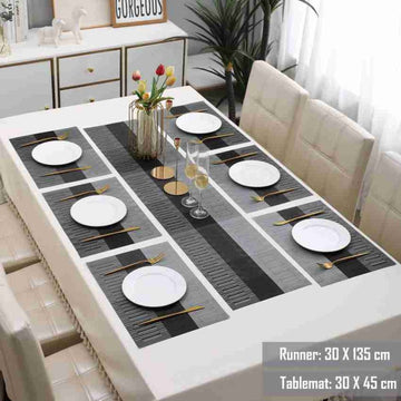 7 Pcs Dining Table Mat & Runner Set – Washable, Heat Resistant (Black & Grey) HZ BEDDING