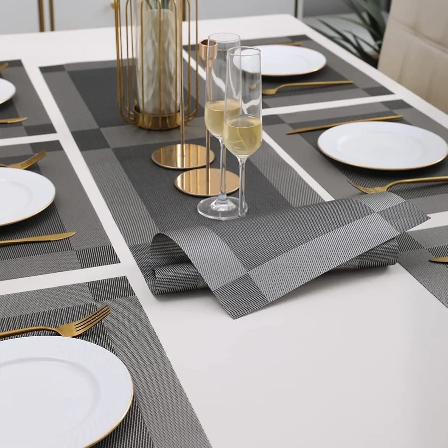 7 Pcs Dining Table Mat & Runner Set – Washable, Heat Resistant ( Gray) HZ BEDDING