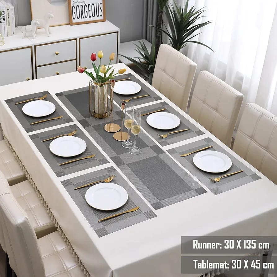7 Pcs Dining Table Mat & Runner Set – Washable, Heat Resistant (Grey) HZ BEDDING