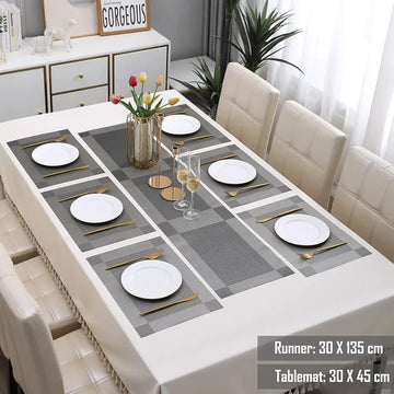 7 Pcs Dining Table Mat & Runner Set – Washable, Heat Resistant (Grey) HZ BEDDING